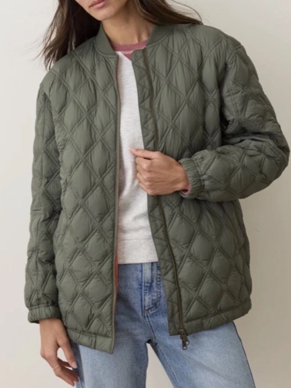MARINE LAYER Marina Quilted  Down Oversized Bomber Olive Zip Jacket Pockets Sz M